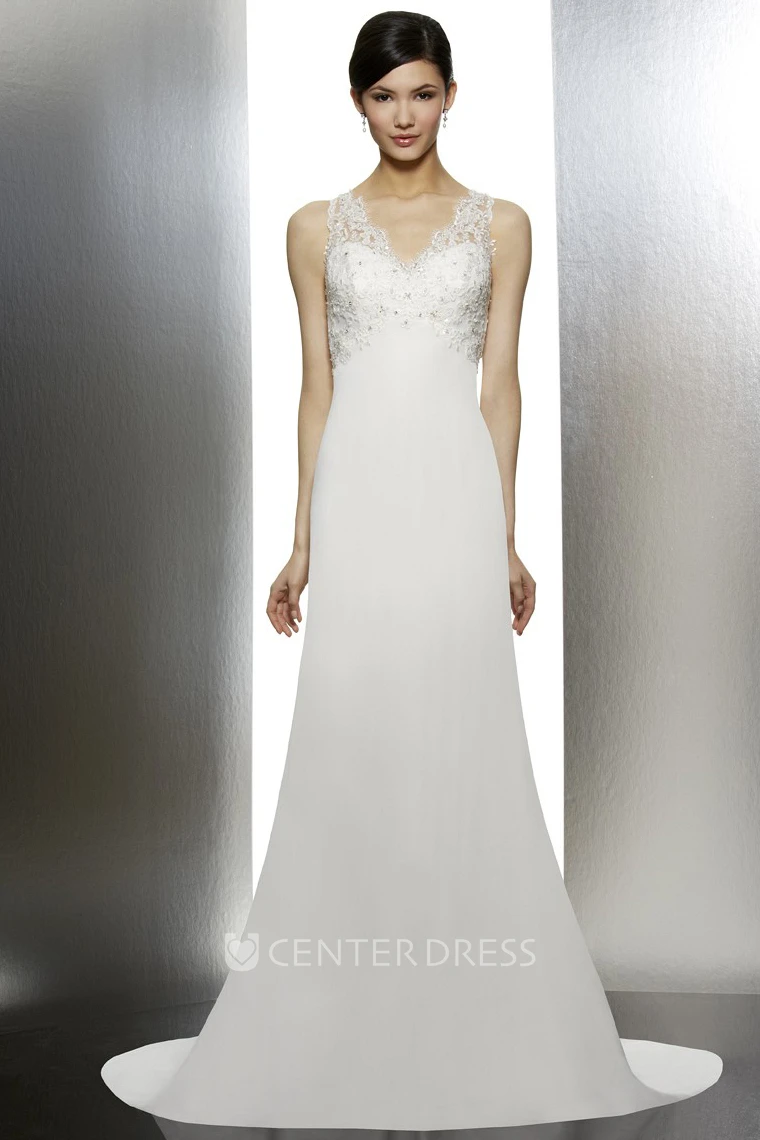 A-Line Lace Maxi V-Neck Sleeveless Wedding Dress With Beading And Illusion Back