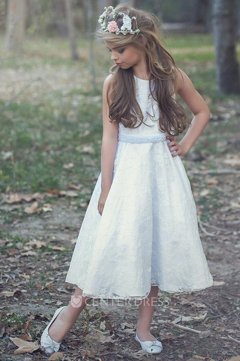 Tea-Length Floral Floral Tulle&Lace Flower Girl Dress