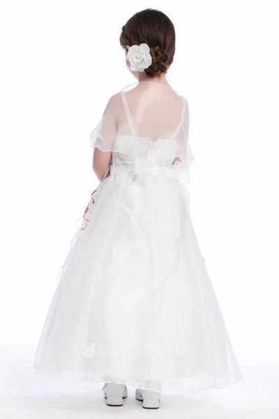 Ankle-Length Spaghetti Floral Cape Organza Flower Girl Dress With Straps