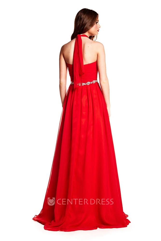 Floor-Length Sleeveless Halter Criss-Cross Chiffon Prom Dress