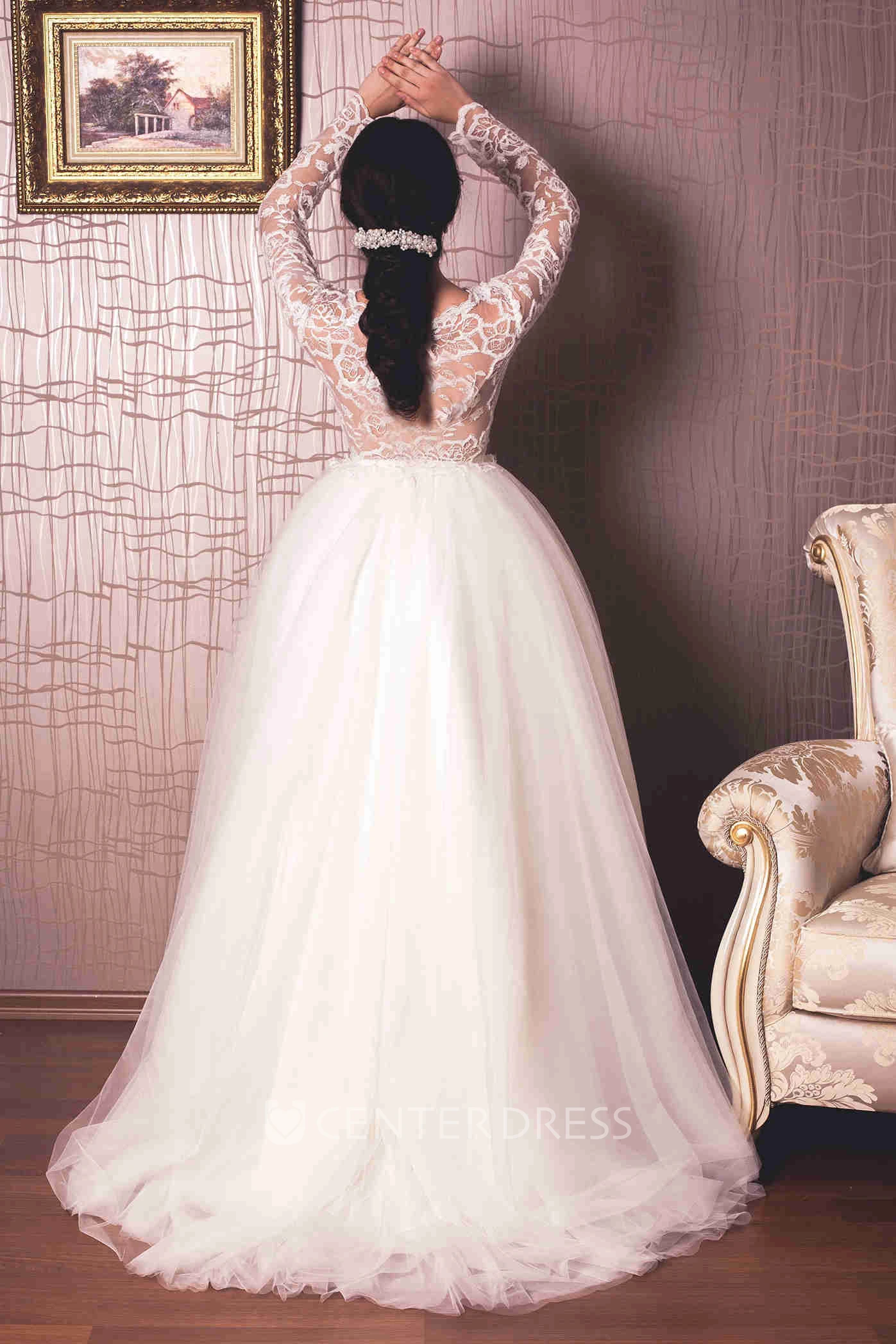 Bateau Floor-Length Lace Long-Sleeve Tulle Wedding Dress