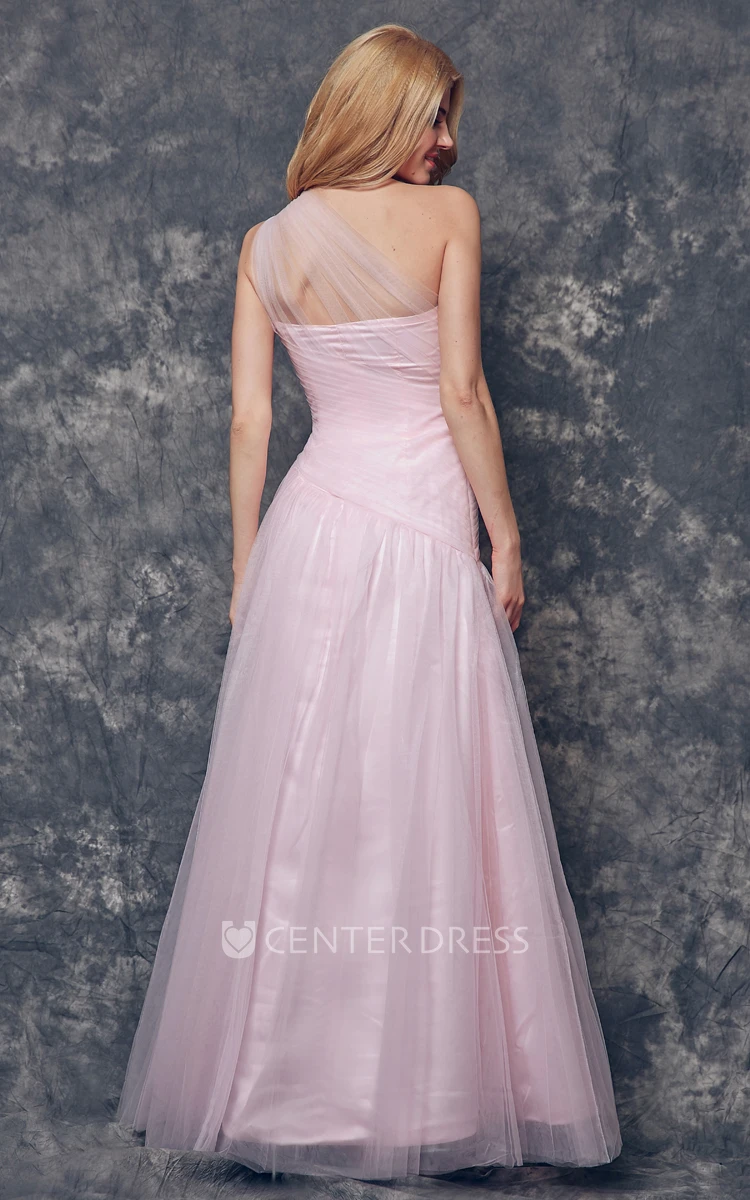 Noble One Shoulder A-line Long Tulle Dress With Pleats