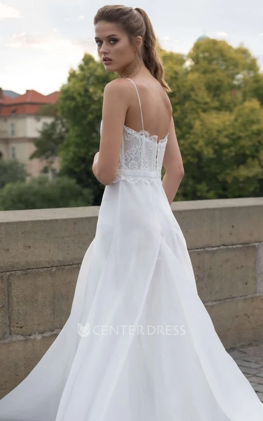 Elegant Lace A Line Floor-length Sleeveless Spaghetti Wedding Dress with Ruching