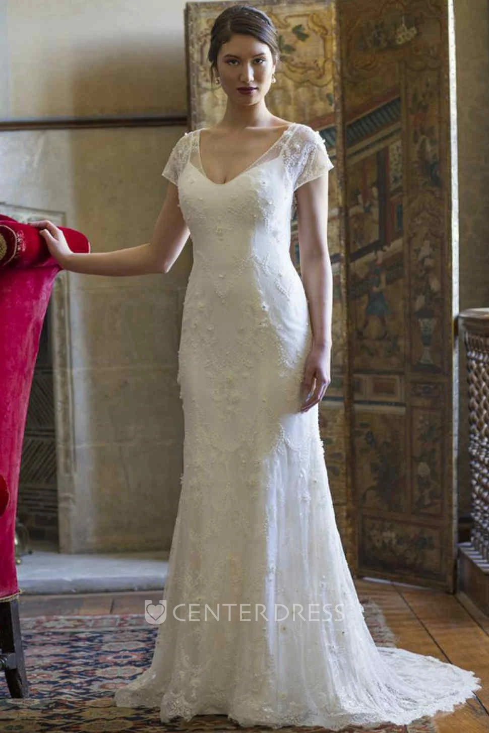 Sheath V-Neck Floor-Length Cap-Sleeve Lace Wedding Dress With Appliques And Keyhole