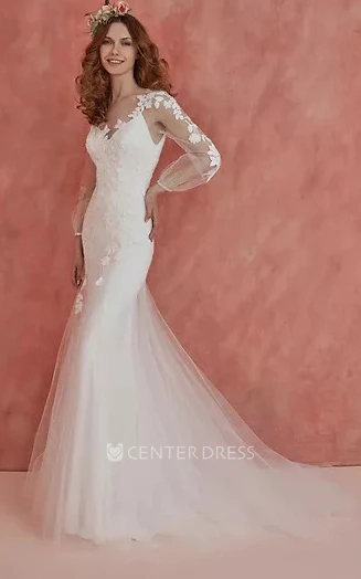 Romantic Trumpet Tulle Bateau Floor-Length Long Sleeve Wedding Dress With Appliques