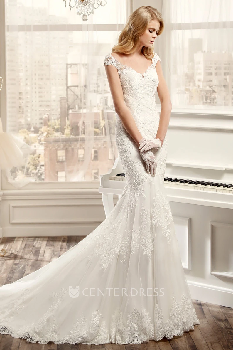 Sweetheart Cap-Sleeve Mermaid Wedding Dress With Appliques And Brush Train