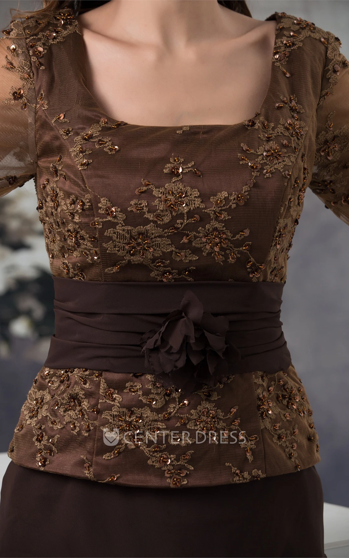Classic Square-Neck Long-Sleeve Ankle-Length Dress with Tiers and Appliques