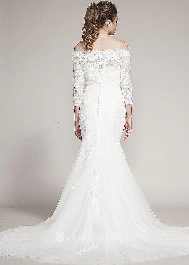 Mermaid Long-Sleeve Off-The-Shoulder Tulle&Lace Wedding Dress With Court Train