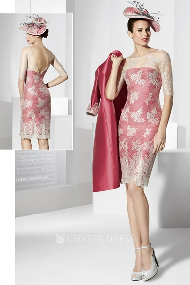 Half-Sleeve Appliqued Knee-Length Satin Prom Dress With Jacket