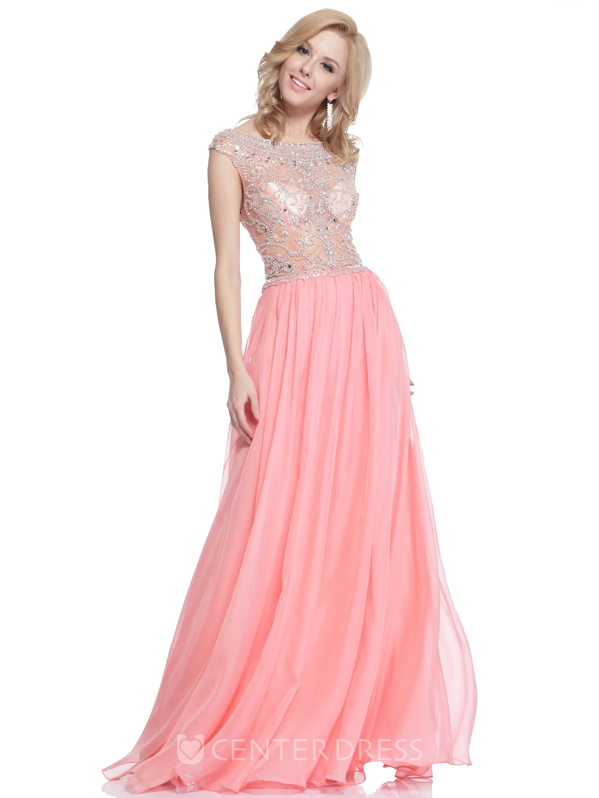 A-Line Bateau Cap-Sleeve Chiffon Illusion Dress With Beading And Pleats