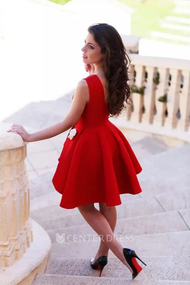 A-line Bateau Sleeveless Flower Ruffles Knee-length Satin Homecoming Dress