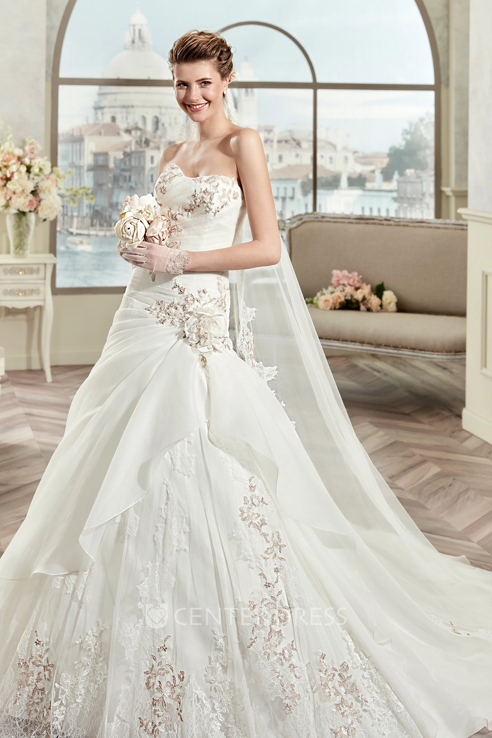 Unique Strapless Ruffle Bridal Gown With Fine Appliques And Lace-Up Back
