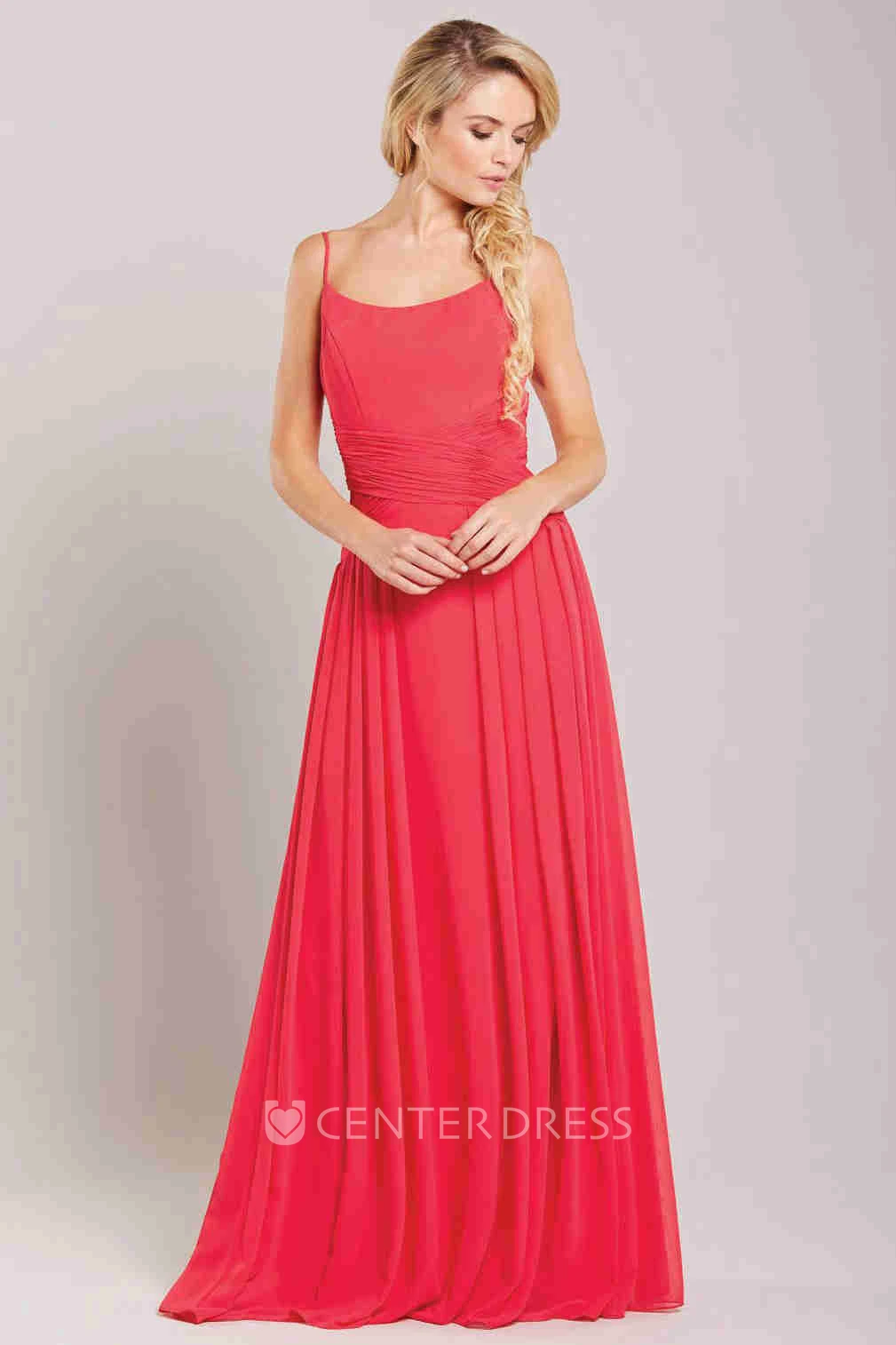 Spaghetti Maxi Pleated Sleeveless Chiffon Bridesmaid Dress