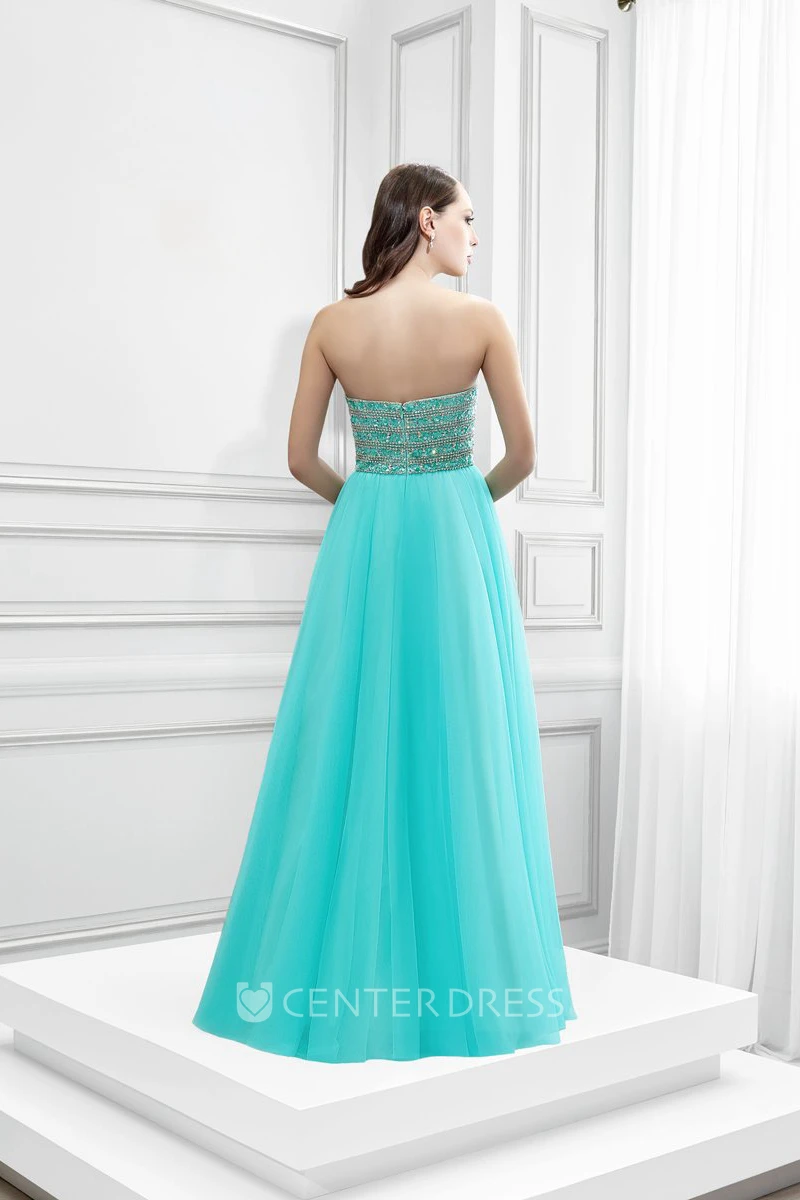 Maxi A-Line Sleeveless Beaded Sweetheart Tulle Prom Dress With Low-V Back