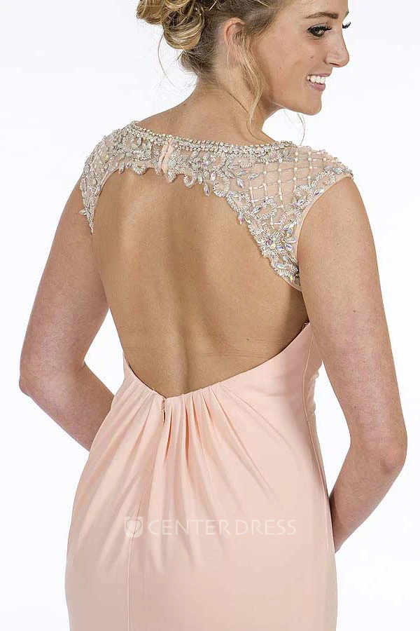 Sheath Maxi Sleeveless Beaded Scoop-Neck Chiffon Prom Dress With Draping