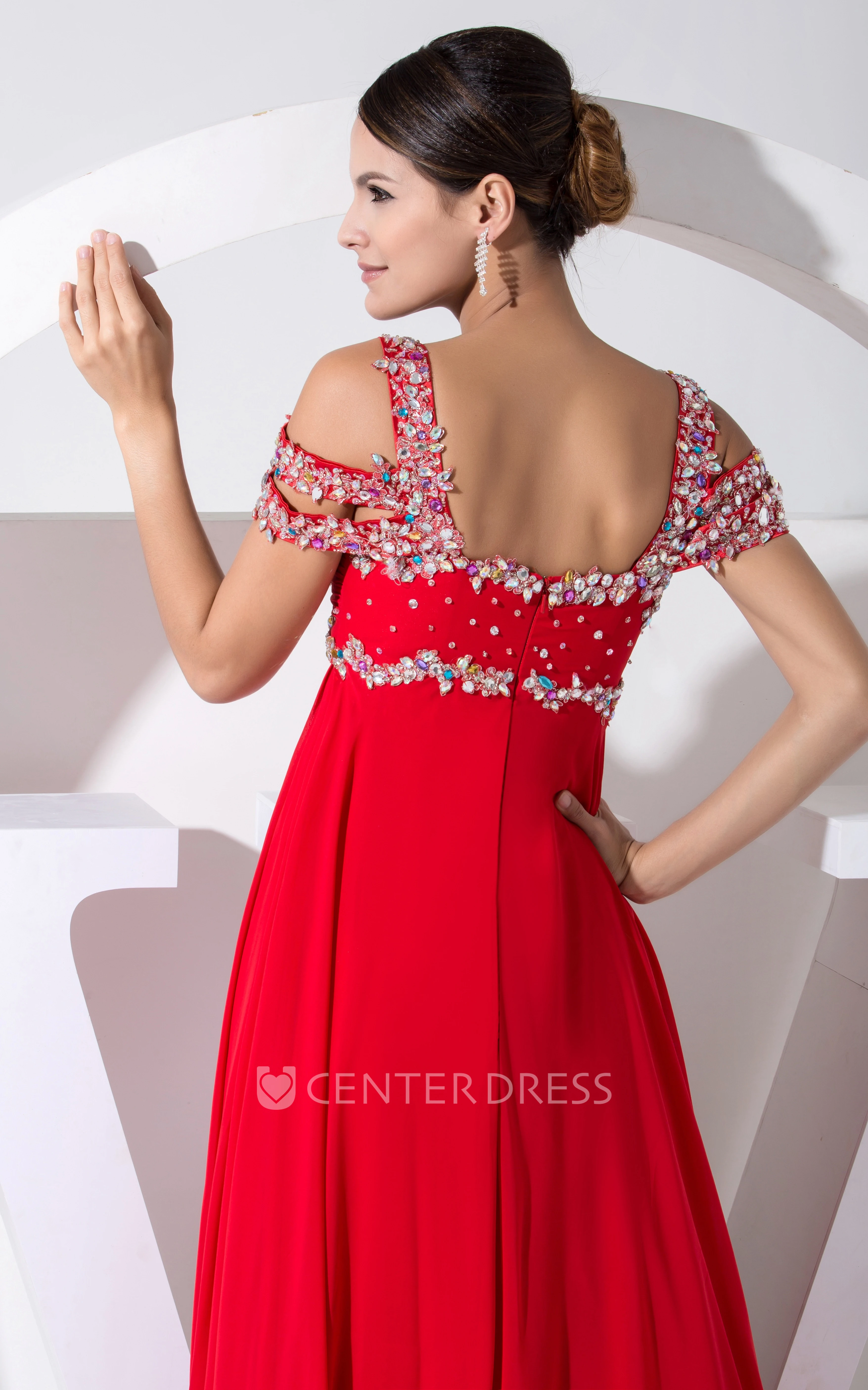 Off Shoulder Empire Chiffon Long Formal Dress With Beading