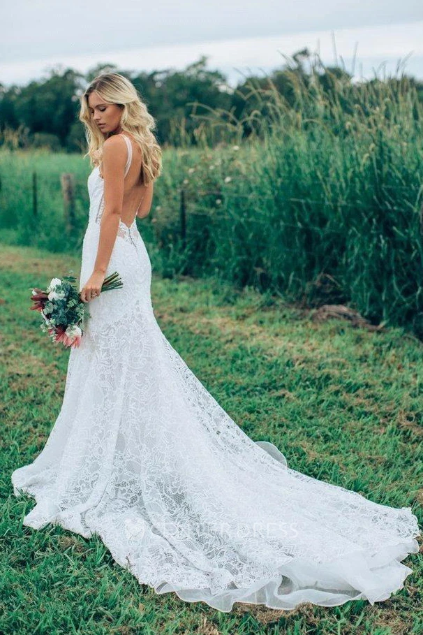 Sheath Spaghetti Lace Zipper Deep-V Back Wedding Dress