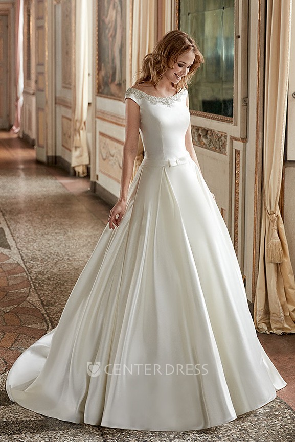 Ball Gown Scoop-Neck Short-Sleeve Floor-Length Satin Wedding Dress With  Beading - UCenter Dress