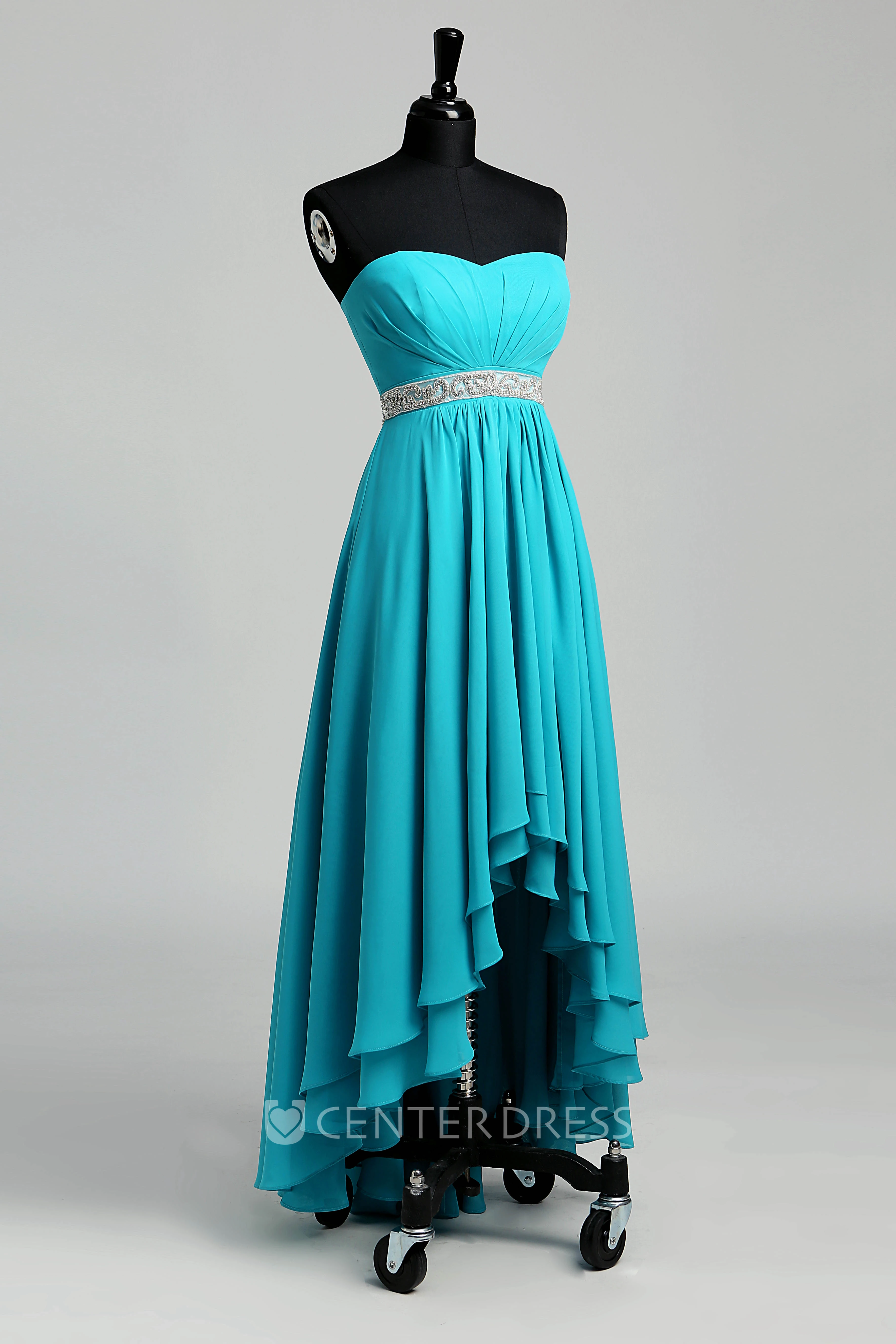 A-line High-Low Beading Ruffles Chiffon Dress