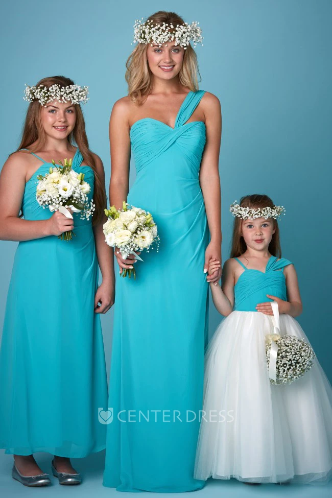 Sheath Maxi One-Shoulder Ruched Sleeveless Chiffon Bridesmaid Dress With Straps