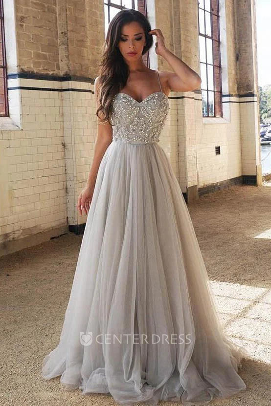 Sleeveless Sweep Brush Train A-Line Spaghetti Sequins Dress