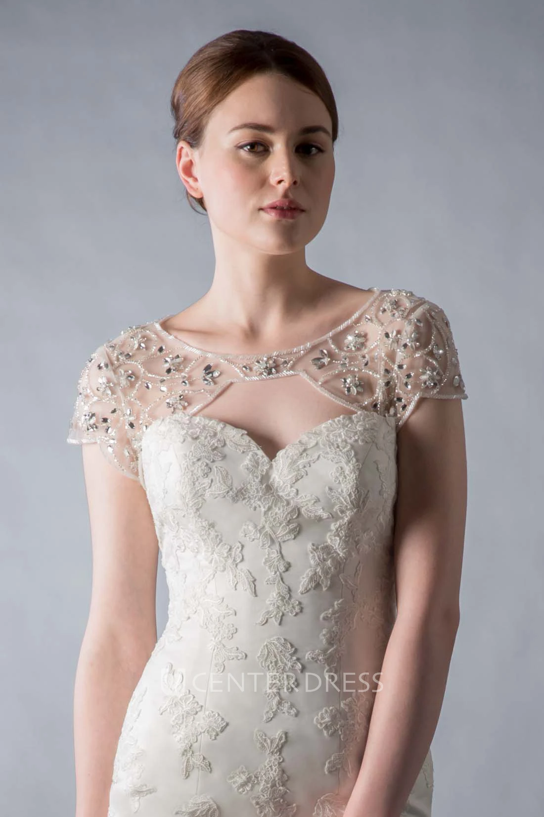 Mermaid Scoop-Neck Cap-Sleeve Beaded Tulle&Lace Wedding Dress With Keyhole
