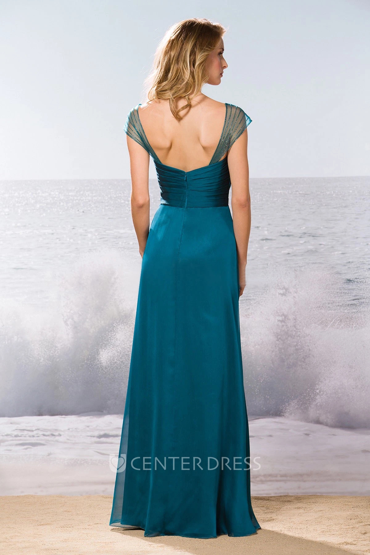 Cap-Sleeved Long Bridesmaid Dress With Crisscross Ruching And Beadings