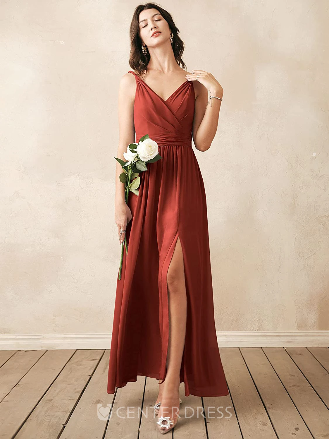 Romantic Chiffon Ankle-length V-neck A Line Sleeveless Bridesmaid Dress With Ruching