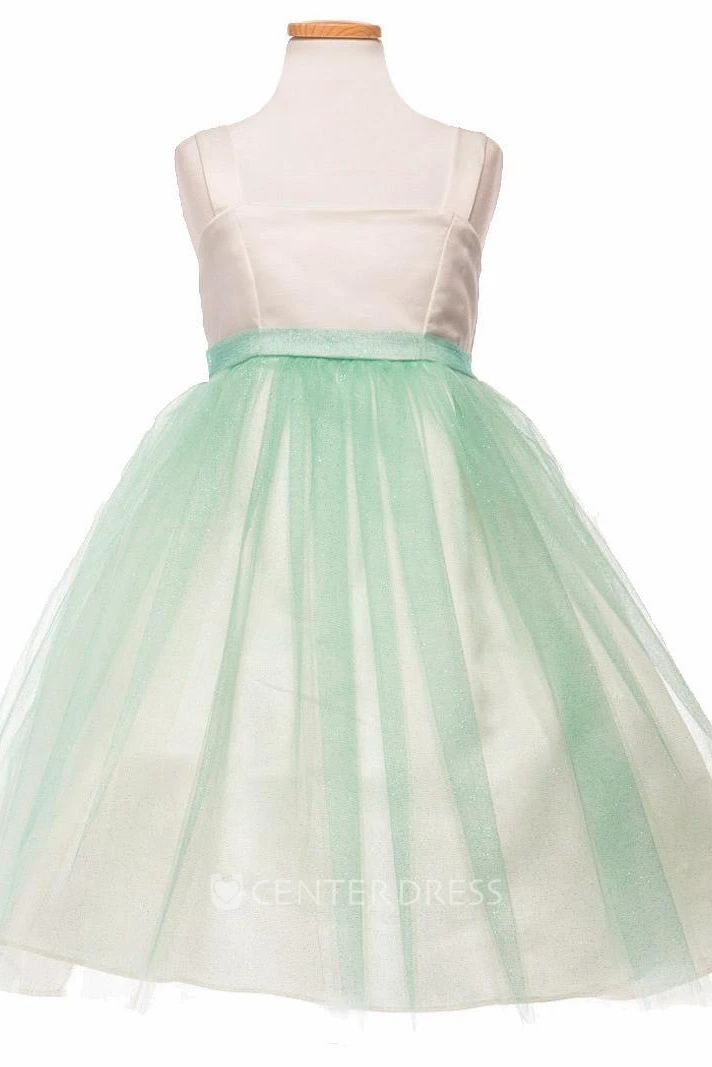 Tea-Length Spaghetti Empire Tiered Tulle&Satin Flower Girl Dress