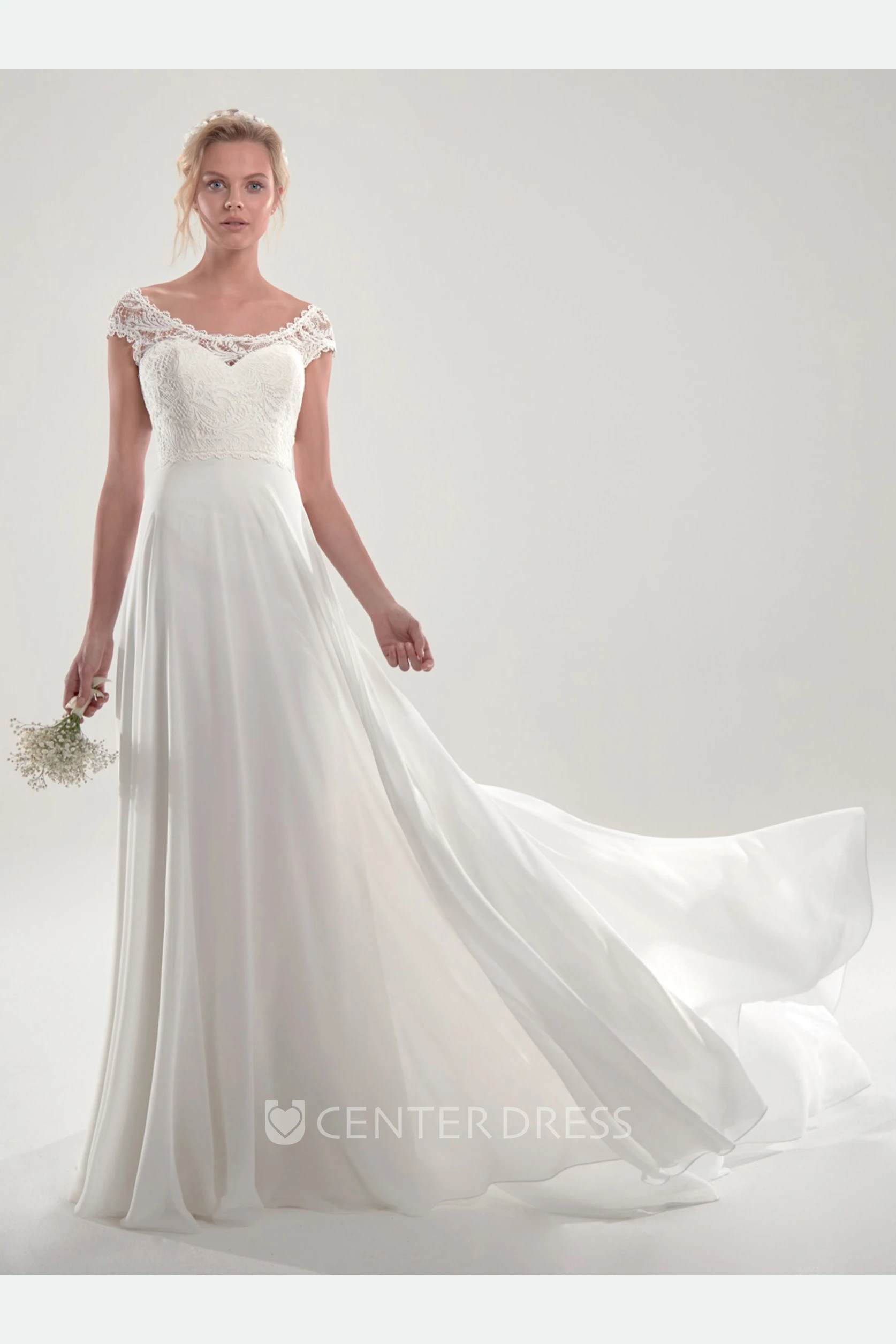 Goregous Chiffon Short Sleeve Chapel Train Wedding Dress
