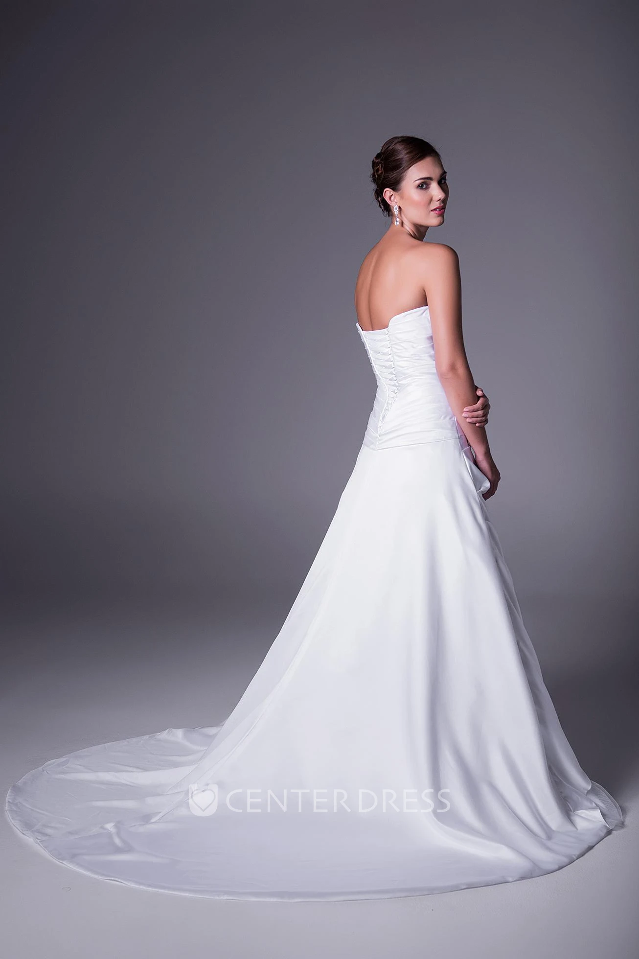 A-Line Strapless Floor-Length Side-Draped Sleeveless Satin Winter Wedding Dress With Appliques
