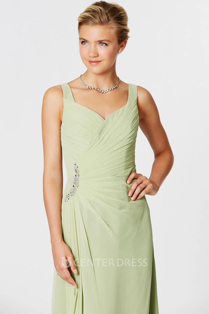 Sleeveless Side-Draped Strapped Chiffon Bridesmaid Dress With Beading