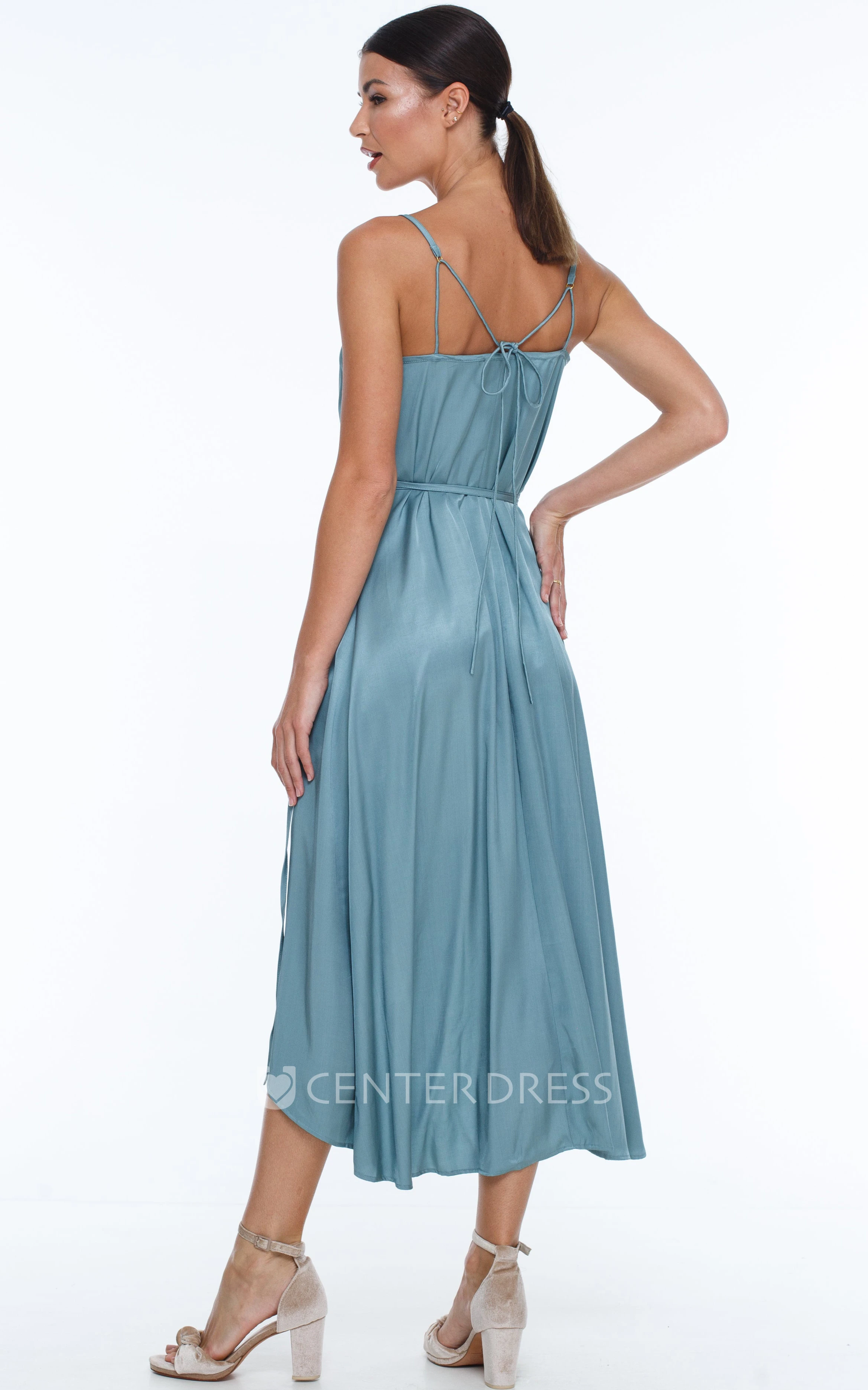 Informal Spaghetti Straps A-Line Charmeuse Bridesmaid Dress With Sash And Split Front