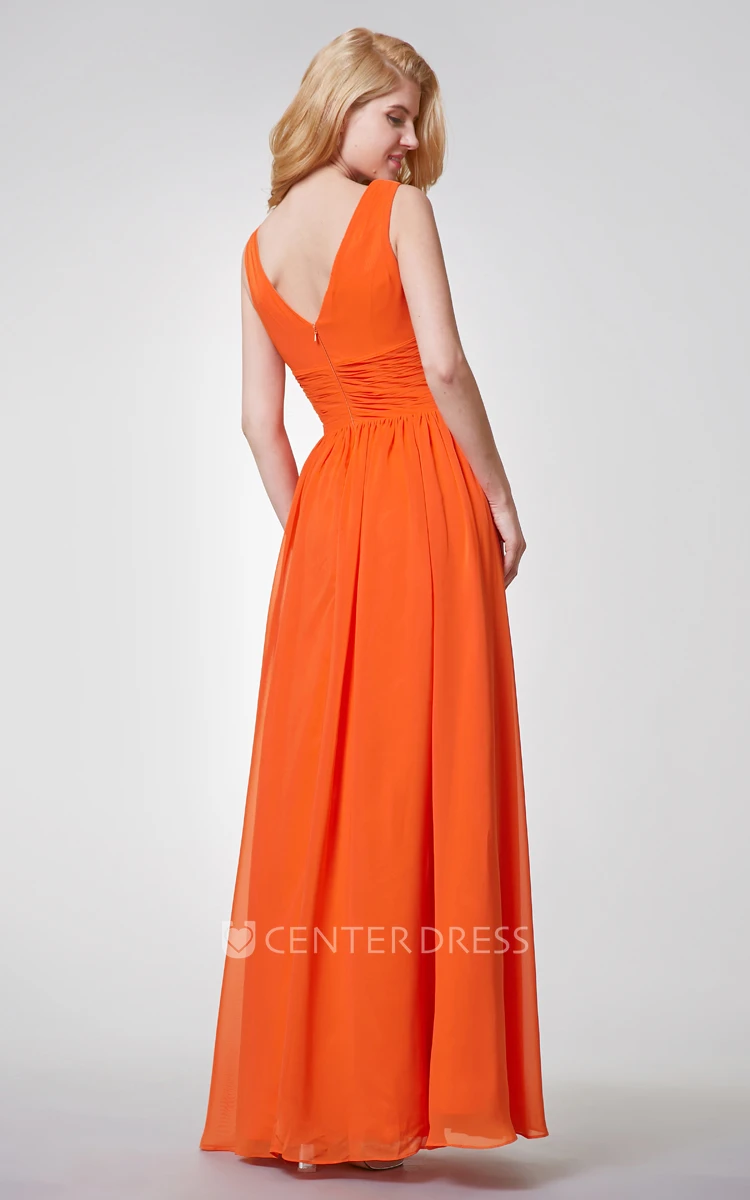 Empire Ruched Long Chiffon Bridesmaid Dress