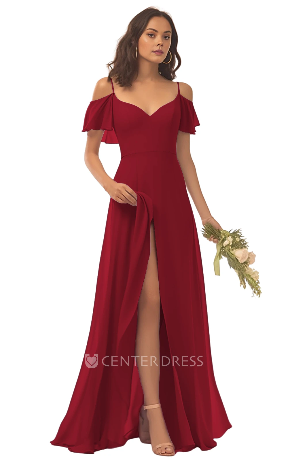 Spaghetti Chiffon Bridesmaid Dress with A-Line and Split Front Beautiful and Modern