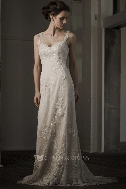 Sheath Spaghetti Floor-Length Sleeveless Appliqued Lace Wedding Dress With Deep-V Back And Flower
