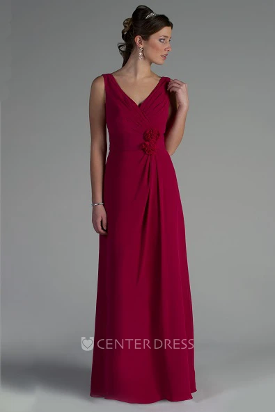 V Neck A-line Chiffon Long Dress With Waist Flowers