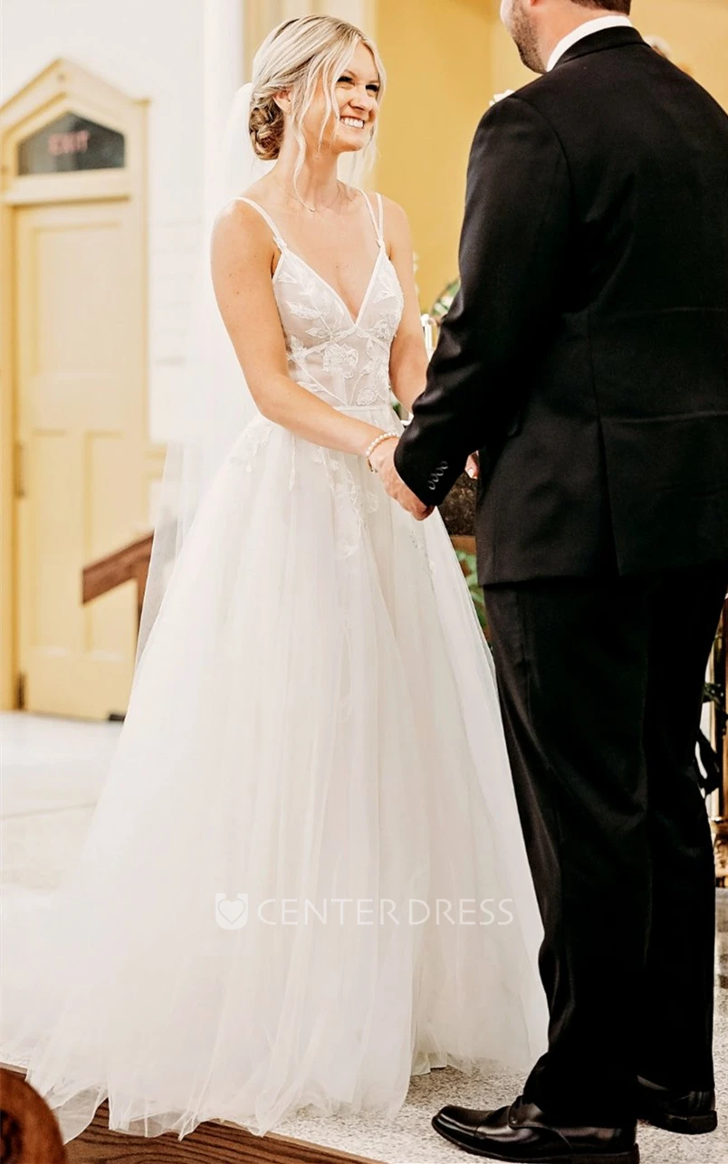 Casual A-Line V-neck Tulle Floor-length Wedding Dress with Appliques
