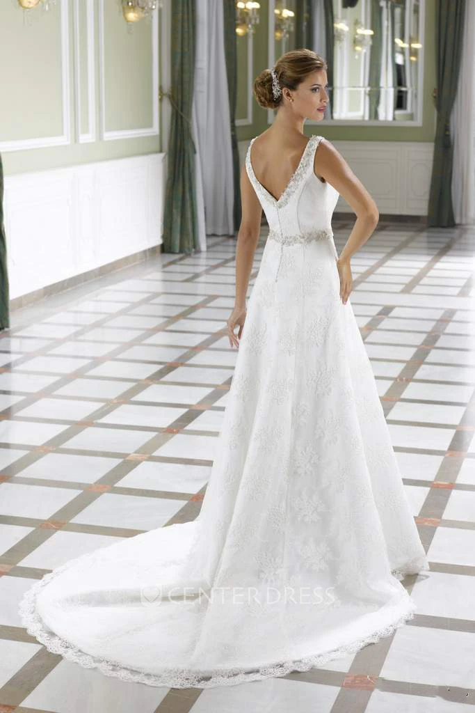 A-Line V-Neck Sleeveless Jeweled Long Lace Winter Wedding Dress With Court Train And Low-V Back