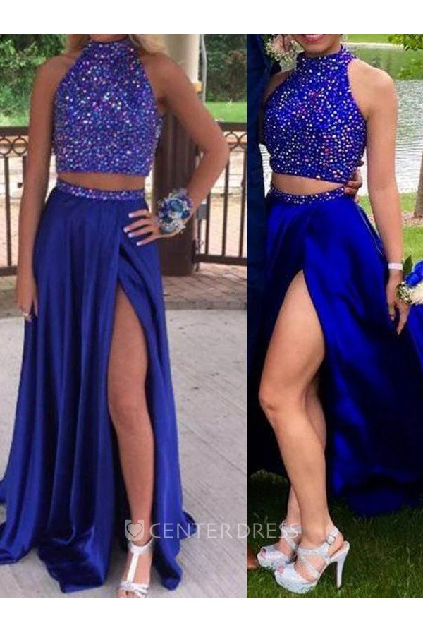 Sleeveless Floor-length A-Line Halter Satin Sequins Dress