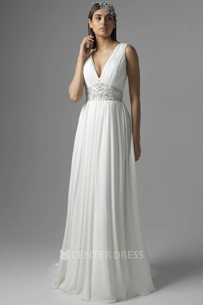 Maxi V-Neck Pleated Chiffon Wedding Dress With Sweep Train And V Back