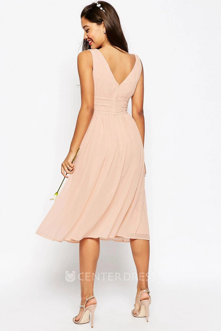 Tea-Length One-Shoulder Criss-Cross Sleeveless Chiffon Bridesmaid Dress