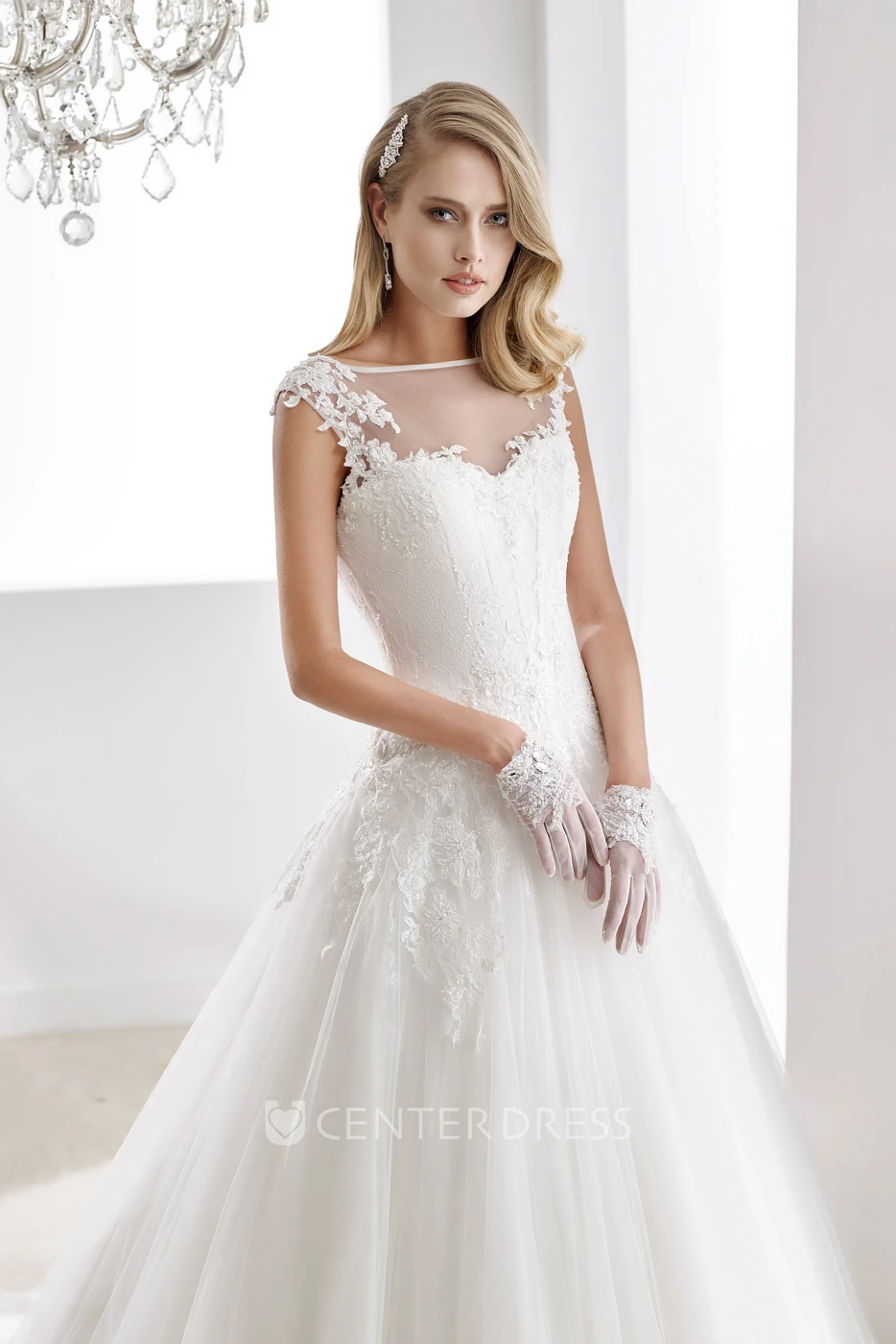 Cap sleeve A-line Illusion Wedding Gown with Appliques and Brush Train