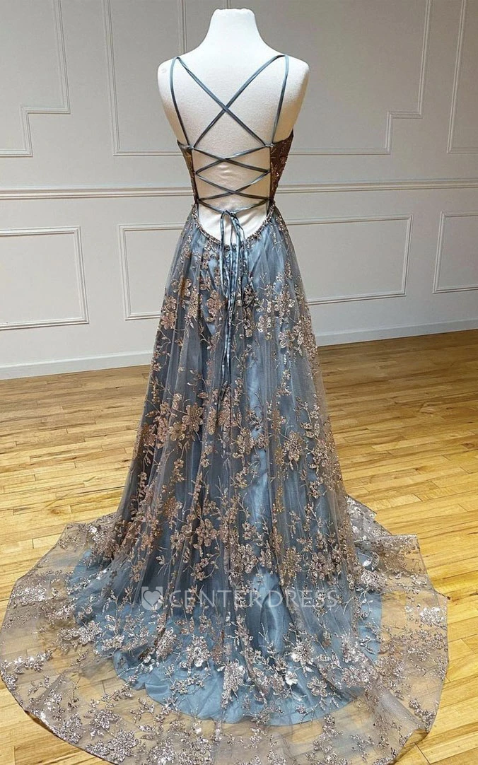 Romantic Sleeveless Floor-length Lace A Line Prom Dress with Appliques