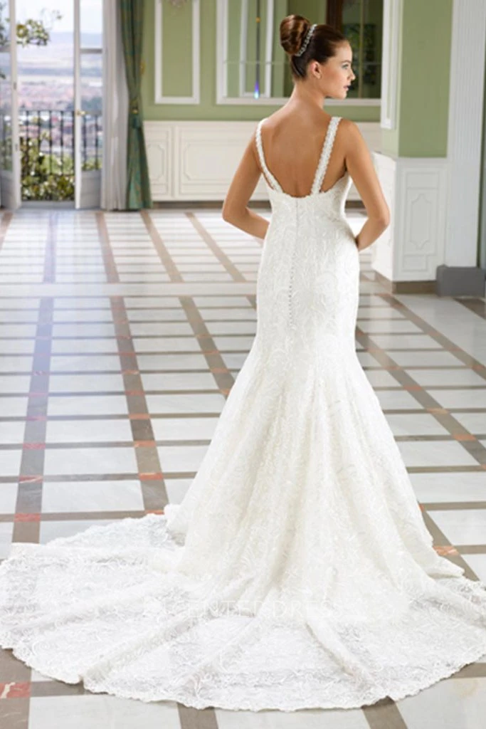 Sheath Maxi Caped Sleeveless Lace Wedding Dress With Court Train And Low-V Back