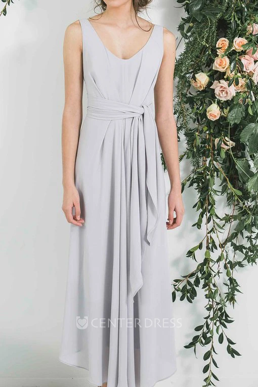 Ankle-Length Sleeveless Draped V-Neck Chiffon Bridesmaid Dress