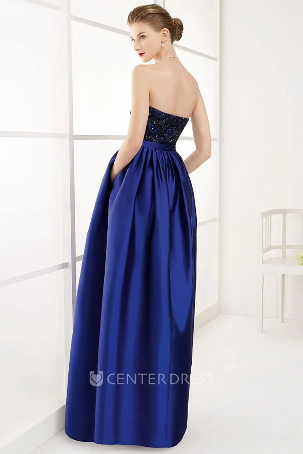 Strapless A-Line Pleated Taffeta Long Prom Dress With Sequined Lace Bodice