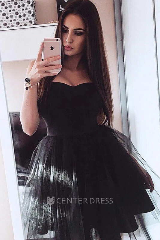 A-line Ball Gown Sweetheart Sleeveless Pleats Ruching Short Mini Satin Tulle Homecoming Dress