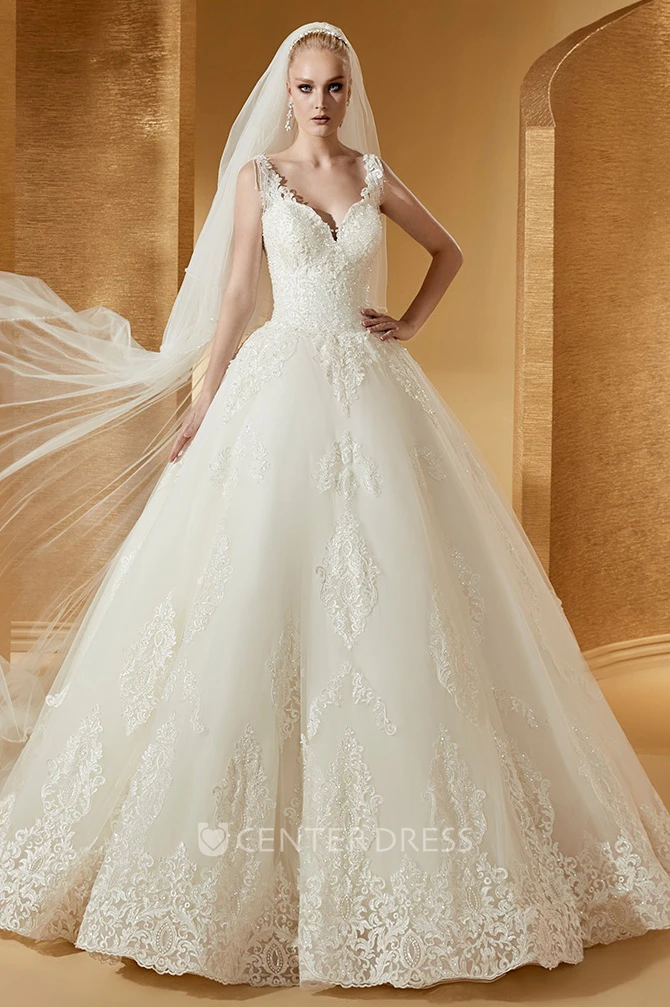 Cap Sleeve V-Neck Ball Gown With Lace Bodice And Embroideries