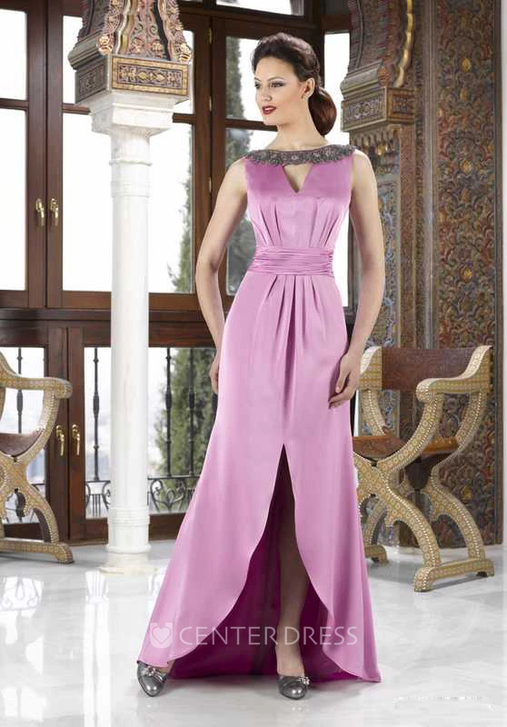 Maxi Split-Front Jewel Neck Satin Mother Of The Bride Dress With Cape And Beading